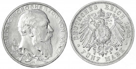Baden
Friedrich I., 1856-1907
5 Mark 1902. 50 jähriges Regierungsjubiläum. prägefrisch. Jaeger 31.