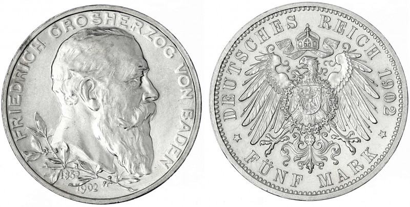 Baden
Friedrich I., 1856-1907
5 Mark 1902. 50 jähriges Regierungsjubiläum. gut...
