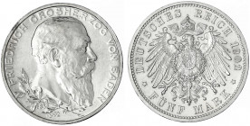Baden
Friedrich I., 1856-1907
5 Mark 1902. 50 jähriges Regierungsjubiläum. gutes vorzüglich. Jaeger 31.