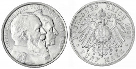 Baden
Friedrich I., 1856-1907
5 Mark 1906. Zur goldenen Hochzeit. Stempelglanz, Prachtexemplar. Jaeger 35.