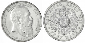 Baden
Friedrich I., 1856-1907
5 Mark 1907. Auf seinen Tod. prägefrisch/fast Stempelglanz. Jaeger 37.