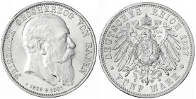 Baden
Friedrich I., 1856-1907
5 Mark 1907. Auf seinen Tod. vorzüglich/Stempelglanz, Randfehler. Jaeger 37.