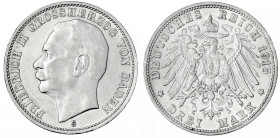 Baden
Friedrich II., 1907-1918
3 Mark 1915 G. Seltenes Jahr. vorzüglich, kl. Kratzer. Jaeger 39.