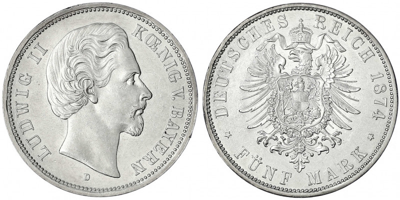 Bayern
Ludwig II., 1864-1886
5 Mark 1874 D. vorzüglich/Stempelglanz, winz. Ran...