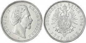 Bayern
Ludwig II., 1864-1886
5 Mark 1874 D. vorzüglich/Stempelglanz, winz. Randfehler. Jaeger 42.