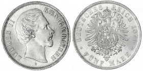 Bayern
Ludwig II., 1864-1886
5 Mark 1876 D. fast Stempelglanz, Prachtexemplar. Jaeger 42.