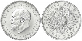Bayern
Ludwig III., 1913-1918
5 Mark 1914 D. prägefrisch/fast Stempelglanz, winz. Randfehler. Jaeger 53.