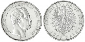 Hessen
Ludwig III., 1848-1877
5 Mark 1875 H. gutes vorzüglich, winz. Kratzer. Jaeger 67.