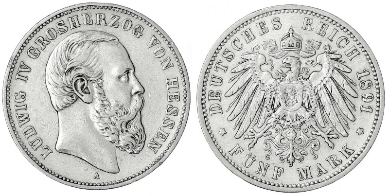 Hessen
Ludwig IV., 1877-1892
5 Mark 1891 A. gutes sehr schön, kl. Randfehler. ...