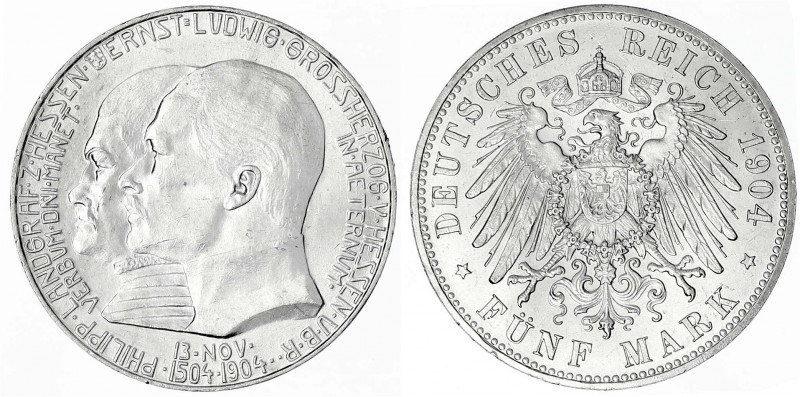 Hessen
Ernst Ludwig, 1892-1918
5 Mark 1904. Zum 400. Geburtstag. vorzüglich/St...