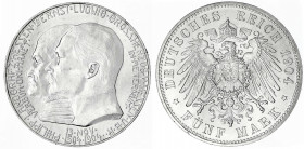 Hessen
Ernst Ludwig, 1892-1918
5 Mark 1904. Zum 400. Geburtstag. vorzüglich/Stempelglanz. Jaeger 75.