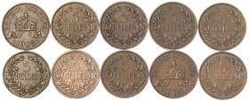 Deutsch Ostafrika
10 X 5 Heller: 8 X 1908 J und 2 X 1909 J. Größte deutsche Kupfermünze. meist sehr schön/vorzüglich. Jaeger N 717.