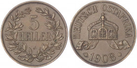 Deutsch Ostafrika
5 Heller 1908 J. Größte deutsche Kupfermünze. vorzüglich, schöne Kupfertönung. Jaeger N 717.