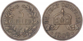 Deutsch Ostafrika
5 Heller 1909 J. Größte deutsche Kupfermünze. vorzüglich, schöne Kupfertönung. Jaeger N 717.