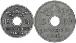 Deutsch Ostafrika
2 X Lochgeld. 5 Heller 1913 A und 10 Heller 1909 J. beide sehr schön. Jaeger 718, 719.