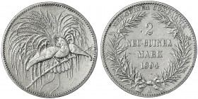 Deutsch-Neuguinea
Neuguinea Compagnie
2 Neuguinea-Mark 1894 A, Paradiesvogel. sehr schön, überarb. Broschierspur ? Jaeger 706.