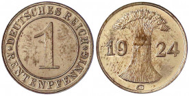 Kursmünzen
1 Rentenpfennig, Kupfer, 1923-1929
1924 G. Polierte Platte, etwas ungleichmäßige Tönung, sehr selten. Jaeger 306.
