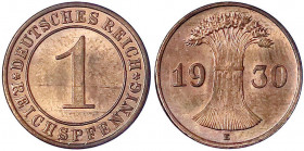 Kursmünzen
1 Reichspfennig, Kupfer 1924-1936
1930 E. fast Stempelglanz. Jaeger 313.
