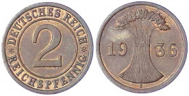 Kursmünzen
2 Reichspfennig, Kupfer, 1923-1936
1936 E. fast Stempelglanz. Jaeger 314.