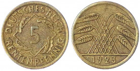 Kursmünzen
5 Rentenpfennig, messingfarben 1923-1925
1923 F. gutes sehr schön, selten. Jaeger 308.