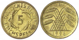 Kursmünzen
5 Reichspfennig, messingfarben 1924-1936
1926 E. vorzüglich/Stempelglanz. Jaeger 316.