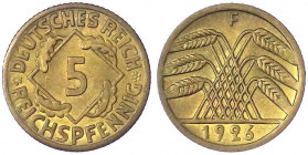 Kursmünzen
5 Reichspfennig, messingfarben 1924-1936
1926 F. vorzüglich/Stempelglanz. Jaeger 316.