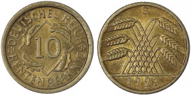 Kursmünzen
10 Rentenpfennig, messingfarben 1923-1925
1923 G. fast Stempelglanz. Jaeger 309.