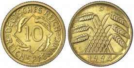 Kursmünzen
10 Reichspfennig, messingfarben 1924-1936
1924 D. Polierte Platte/Erstabschlag, leicht berührt. Jaeger 317.