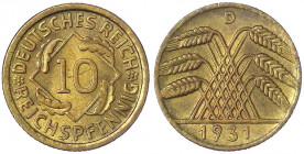 Kursmünzen
10 Reichspfennig, messingfarben 1924-1936
1931 D. vorzüglich/Stempelglanz. Jaeger 317.