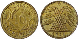 Kursmünzen
10 Reichspfennig, messingfarben 1924-1936
1931 G. vorzüglich, selten. Jaeger 317.