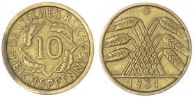 Kursmünzen
10 Reichspfennig, messingfarben 1924-1936
1931 G. gutes sehr schön, selten. Jaeger 317.