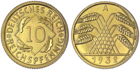 Kursmünzen
10 Reichspfennig, messingfarben 1924-1936
1932 A. Polierte Platte. Jaeger 317.