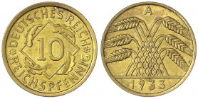 Kursmünzen
10 Reichspfennig, messingfarben 1924-1936
1933 A. vorzüglich/Stempelglanz. Jaeger 317.