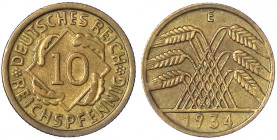 Kursmünzen
10 Reichspfennig, messingfarben 1924-1936
1934 E. vorzüglich. Jaeger 317.