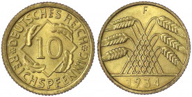 Kursmünzen
10 Reichspfennig, messingfarben 1924-1936
1934 F. fast Stempelglanz. Jaeger 317.