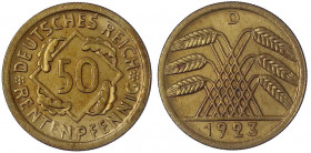 Kursmünzen
50 Rentenpfennig, messingfarben 1923-1924
1923 F. Stempelglanz/Erstabschlag, selten in dieser Erhaltung. Jaeger 310.