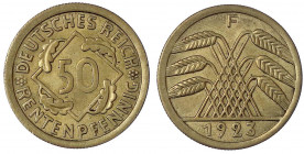 Kursmünzen
50 Rentenpfennig, messingfarben 1923-1924
1923 F. gutes vorzüglich. Jaeger 310.