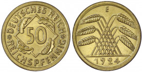 Kursmünzen
50 Reichspfennig, messingfarben 1924-1925
1924 E. Mit Kurz-Expertise Franquinet. Polierte Platte, Prachtexemplar, von größter Seltenheit....