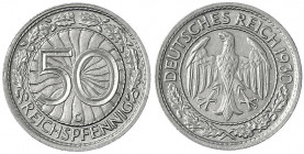Kursmünzen
50 Reichspfennig, Nickel 1927-1938
1930 G. vorzüglich. Jaeger 324.
