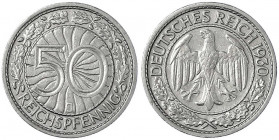 Kursmünzen
50 Reichspfennig, Nickel 1927-1938
1930 J. gutes sehr schön. Jaeger 324.