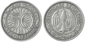 Kursmünzen
50 Reichspfennig, Nickel 1927-1938
1933 J. sehr schön. Jaeger 324.