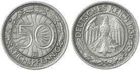 Kursmünzen
50 Reichspfennig, Nickel 1927-1938
1936 D. Leichte Lichtenrader Prägung. vorzüglich/Stempelglanz. Jaeger 324.