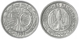 Kursmünzen
50 Reichspfennig, Nickel 1927-1938
1936 F. vorzüglich/Stempelglanz. Jaeger 324.
