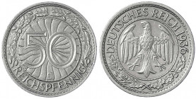 Kursmünzen
50 Reichspfennig, Nickel 1927-1938
1936 J. vorzüglich. Jaeger 324.