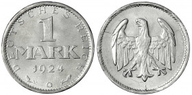 Kursmünzen
1 Mark, Silber, 1924-1925
1924 G. Kl. Stempelbrüche auf der der Adlerseite. fast Stempelglanz. Jaeger 311.