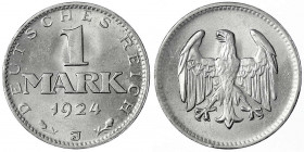 Kursmünzen
1 Mark, Silber, 1924-1925
1924 J. fast Stempelglanz, Prachtexemplar. Jaeger 311.