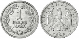 Kursmünzen
1 Reichsmark, Silber 1925-1927
1925 E. Stempelglanz/Erstabschlag, Prachtexemplar. Jaeger 319.