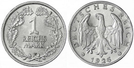 Kursmünzen
1 Reichsmark, Silber 1925-1927
1926 F. fast Stempelglanz. Jaeger 319.