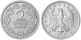 Kursmünzen
2 Reichsmark, Silber 1925-1931
1925 E. Stempelglanz/Erstabschlag. Jaeger 320.
