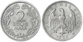 Kursmünzen
2 Reichsmark, Silber 1925-1931
1926 E. fast Stempelglanz, Prachtexemplar. Jaeger 320.